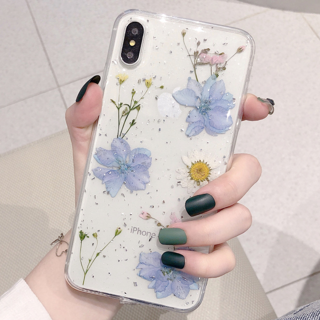 Glitter Real Dry Pressed Flower Phone Case For iphone 12 11 13 pro XS MAX x SE XR 7 8 plus Transparent Silicone Cover