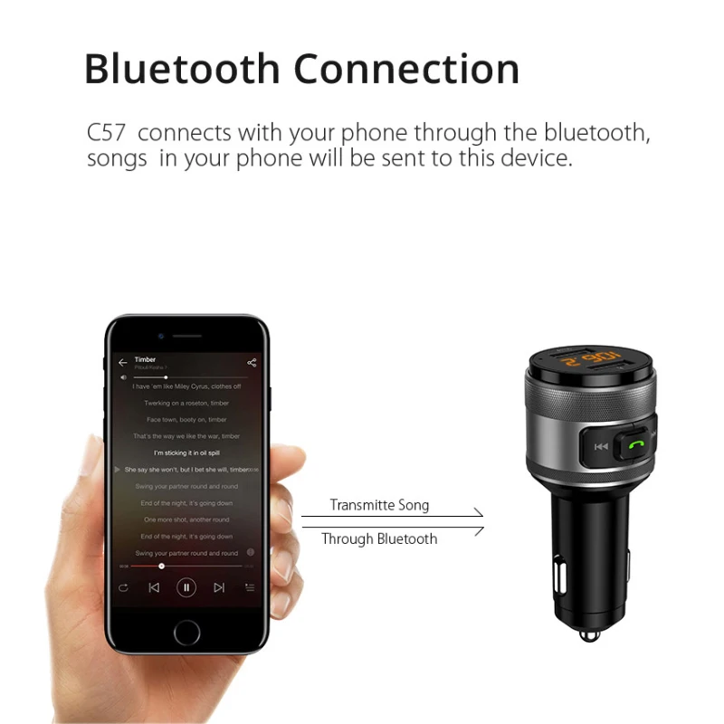 Автомобильное зарядное устройство C57 с двумя usb-портами quick charge 3,0, Bluetooth, fm-передатчик, автомобильный комплект, MP3 музыкальный плеер, беспроводной fm-радио адаптер