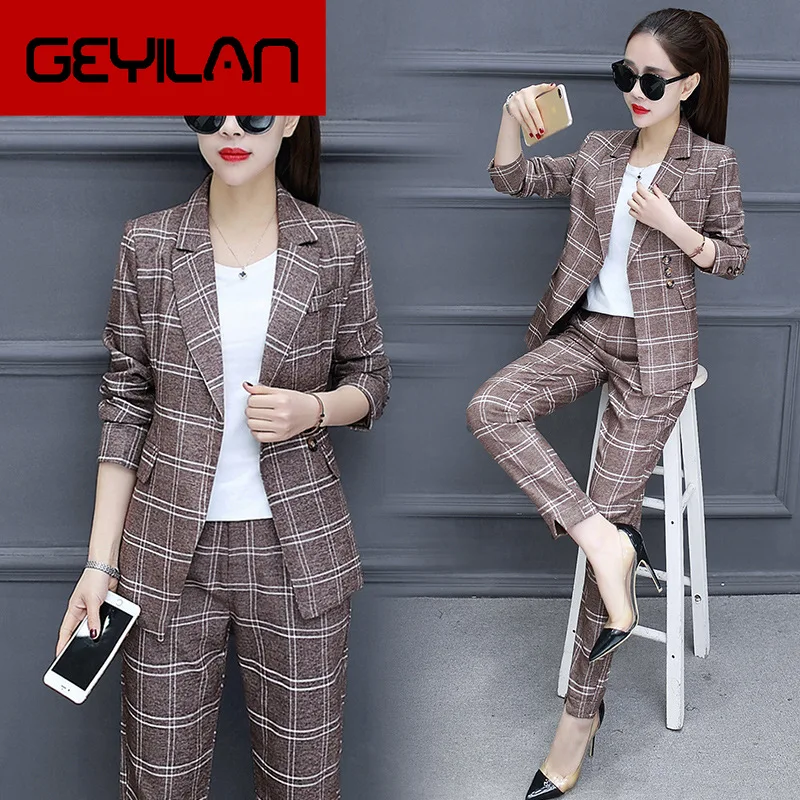 

Set 2018 Spring New Style Women's Fashion Plaid Small Suit Set Female Suit Pants Temperament Elegant Two-piece