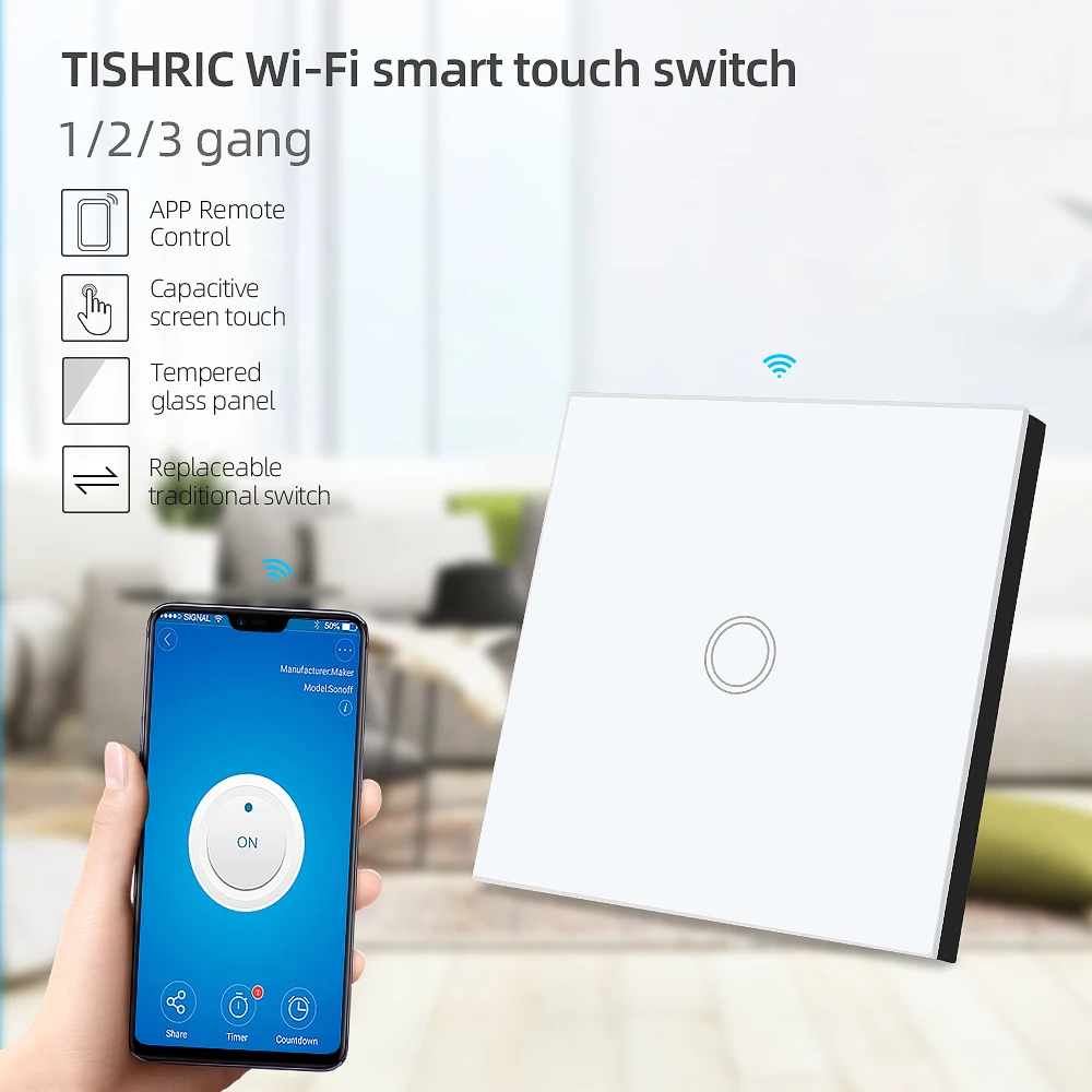 

TISHRIC Wifi Smart Switch Touch EU 1/2/3 Gang Light Wall Glass Crystal Panel Interruptor WIFI Remote Control Alexa Google Home