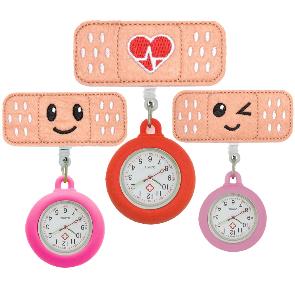Reloj de bolsillo de silicona retráctil para enfermera y doctor, accesorio de tela de fieltro suave con insignia de sonrisa y latido del corazón, regalo colorido para hospital médico