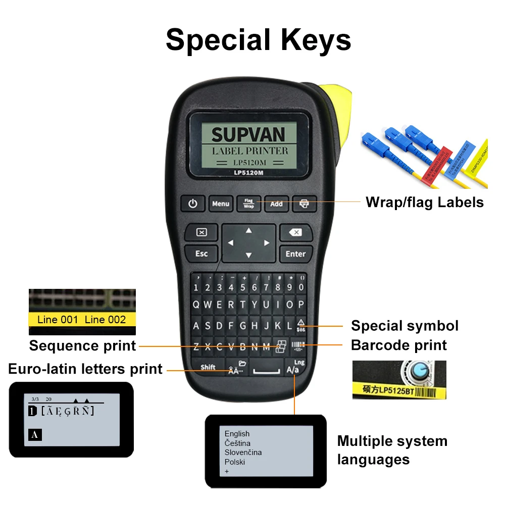 Supvan DC9V 2.5A LP5120M Printer Label Kabel Portabel Pembuat Label Genggam Kabel Industri Nirkabel Printer Label & Pita Label