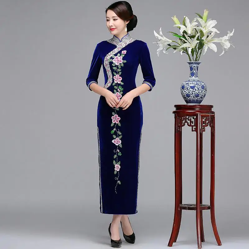 Женское сексуальное платье в стиле «русалка», Бургундия, бархат, Qipao, классическое, тонкое, китайское, официальное, вечернее платье, элегантный цветок, большие размеры 4XL Vestidos - Цвет: Blue1