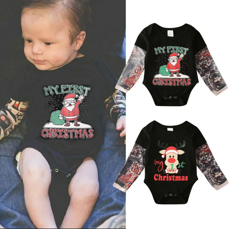 AU My First Christmas/комбинезон с рукавами-татуировками для маленьких мальчиков, боди, Рождественская одежда для детей 0-18 месяцев