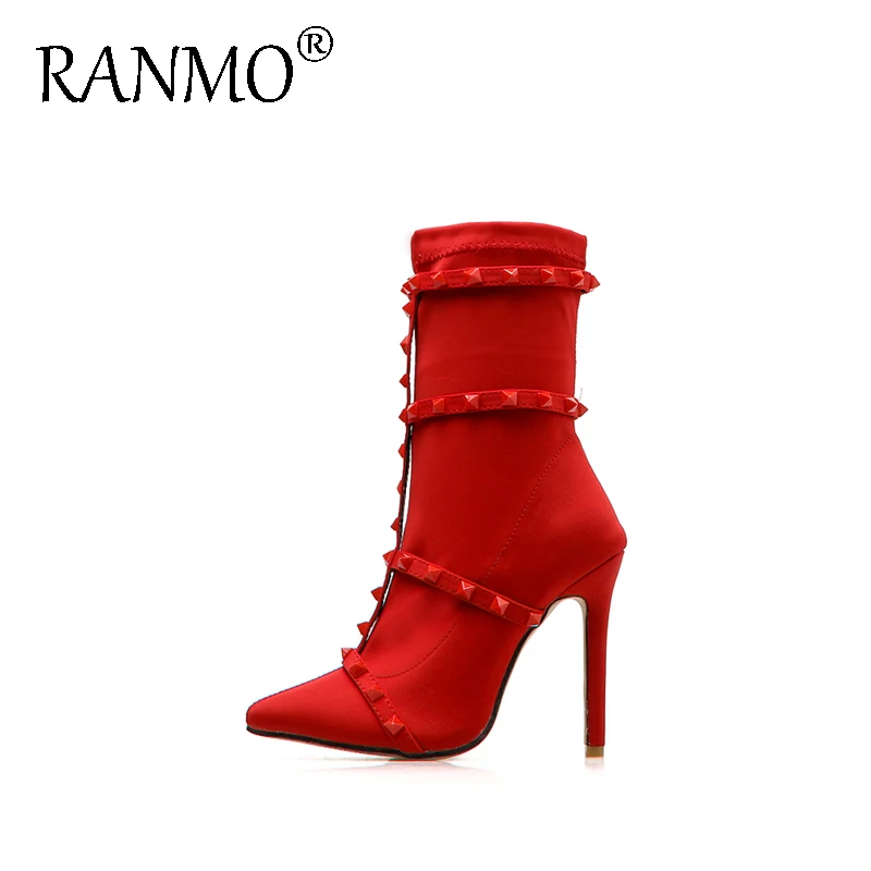 

Mature sexy autumn and winter women's boots pointed toe belt rivet red wedding shoes stiletto super high heel thin nude boots