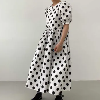 

Vintage Elegant Round Neck Polka Dot Dress Women Casual Loose Cotton Puff Sleeve Long Dress 2020 Fashion Korean Summer Dresses