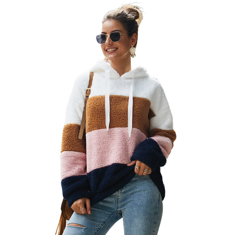 

2019 Winter Patchwork Turtleneck Long Sleeve Warm Pullover Fleece Loose Hooded Coat Casual Female Pullovers Plus Size