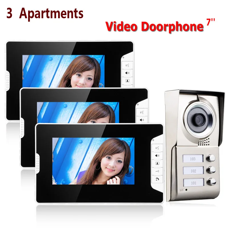 7inch LCD 3 Apartments Video Door Phone Intercom System IR-CUT HD 1000TVL Camera Doorbell Camera with 3 button 3 Monitor