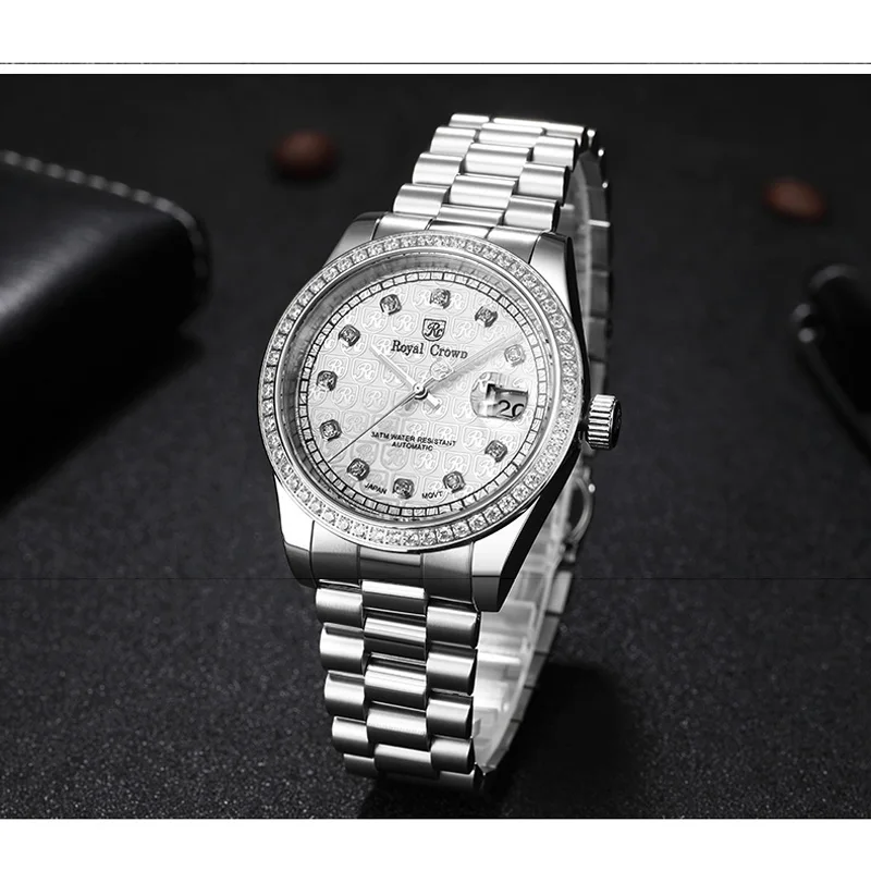  Automatic mechanical Men's Watch Claw-setting Cubic Zircon Sapphire All Stainless Steel Bracelet Lu