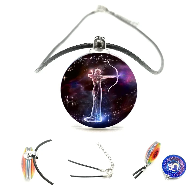 

Simple Starry Sky 12 Constellation Double-sided Pendant Glass Cabochon Black Leather Rope Necklace Men and Women Jewelry Gifts