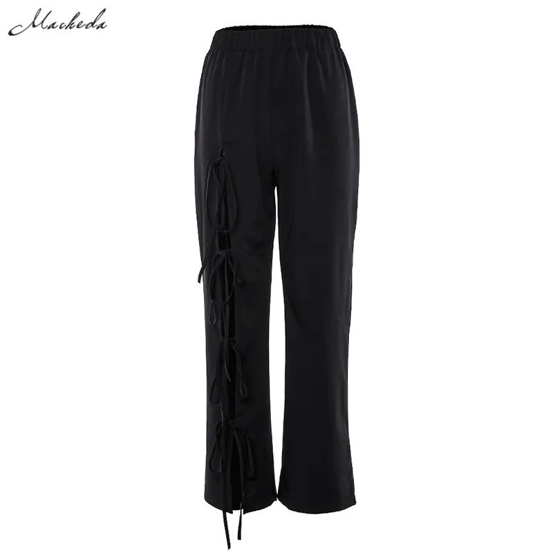 Macheda/летние широкие брюки для женщин; повседневные эластичные брюки с высокой талией; Новинка года; Модные свободные брюки с бантом; классные черные брюки - Цвет: Черный