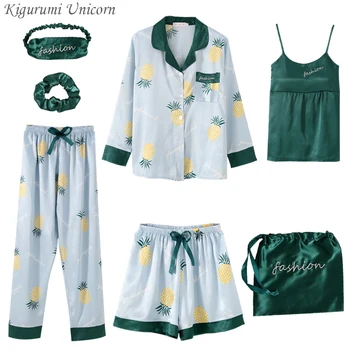 

Women's 7 Pieces Pajamas Sets Emulation Silk Striped Pyjama Women Sleepwear Sets Spring Summer Autumn Suits Soft Cute Homewear