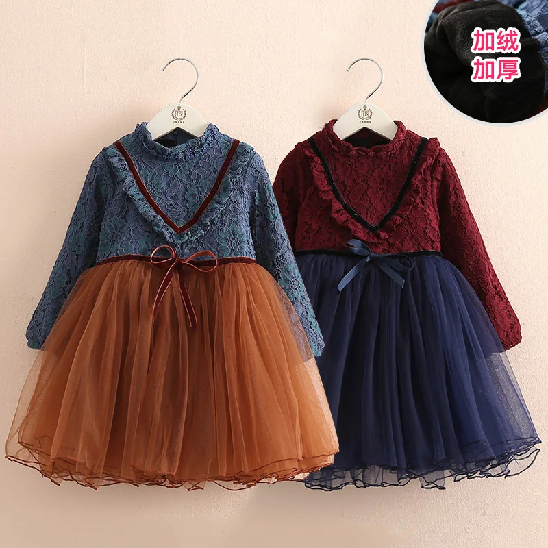 2019 Winter Warm 2 3 4 6 8 10 12 Years Children New Year Lace Patchwork Bow Kids Baby Plus Velvet Christmas Girl Dress | Детская одежда