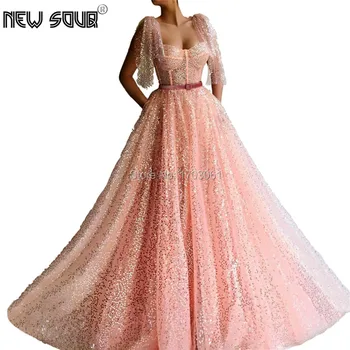 

Shiny Sequins A Line Evening Prom Dresses For Couture Dubai 2019 Muslim Arabic Cap Sleeve Party Gown Kaftan Evening Dress Robe