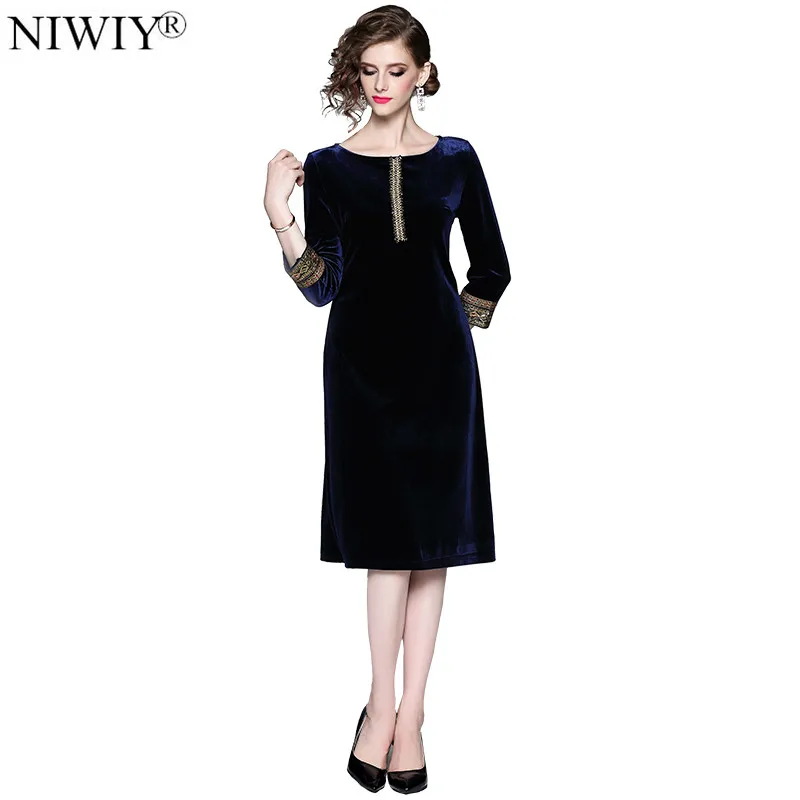 

New Nail Pearl Sequins Loose Waist Velvet Dress Vestido Invierno Mujer 2019 Fall Midi Party Women Dress Lange Jurken K3596