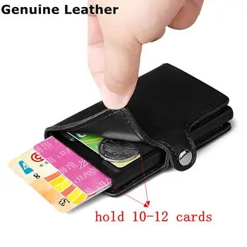 

100% Genuine Leather Aluminum Wallet Pocket ID Card holder RFID Blocking Mini Magic Wallet Automatic Credit Card Coin Purse