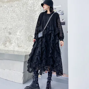 

simple Women Black Lace Ruffles Split Big Size Dress New Round Neck Long Sleeve Loose Fit Fashion Tide Spring Autumn 2020 1R432