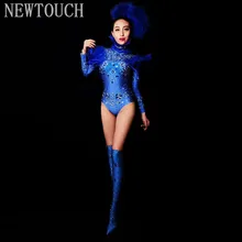 Стразы Перо Синее Платье Sexy Nightclub Full Stones Боди С длинным рукавом цельный Танцор Высокий Вилка Сценический Костюм для взрослых