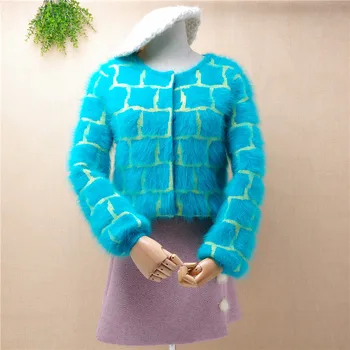 

female women light blue winter short style crop top mink cashmere long puff sleeves slim cardigans angora rabbit fur jacket coat