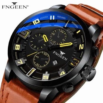

FNGEEN Top Brand Korean Style Men Quartz Watches Fashion Leather Belt Calendar Luxury Military Sports Waterproof Wristwatch