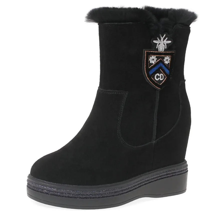 Punk Goth Trainers Women Cow Leather Wedges High Heel Snow Boots Rabbit Fur Platform Pumps High Top Winter Warm Fashion Sneakers