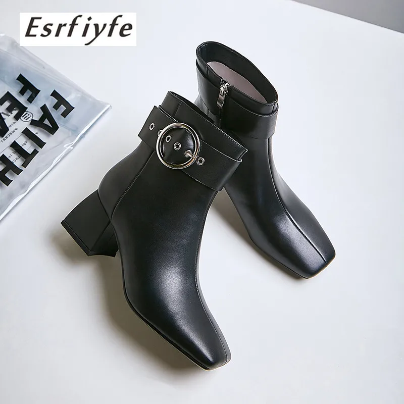 

ESRFIYFE 2020 New Women's Boots Autumn Winter Genuine Leather Boots Woman Basic High Top Ankle Boots Booties Thick Heels Shoes