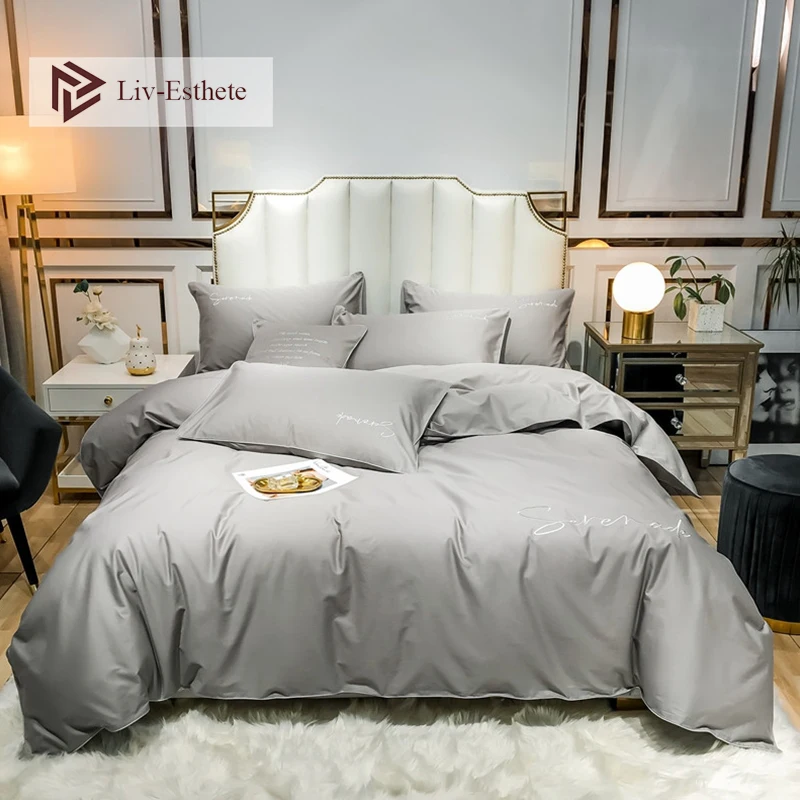 

Liv-Esthete Luxury 100% Cotton Gray Bedding Set Duvet Cover Set Flat Sheet Pillowcase Double Queen King For Adult Home Bed