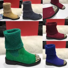 

Winter Women Nightclub Shoes Wool Booties Candy-Colored Stretch Knit Warm Comfort Sock Boots Fashion Round Toe Snow Boots