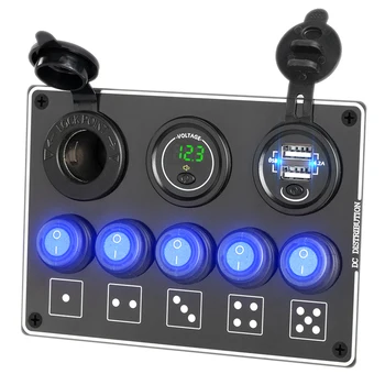 

New 5 Gang Switch Panel With 4.2A Dual USB Socket 12V LED Voltmeter Short Circuit Protection Switch Fit For Car Boat Marine
