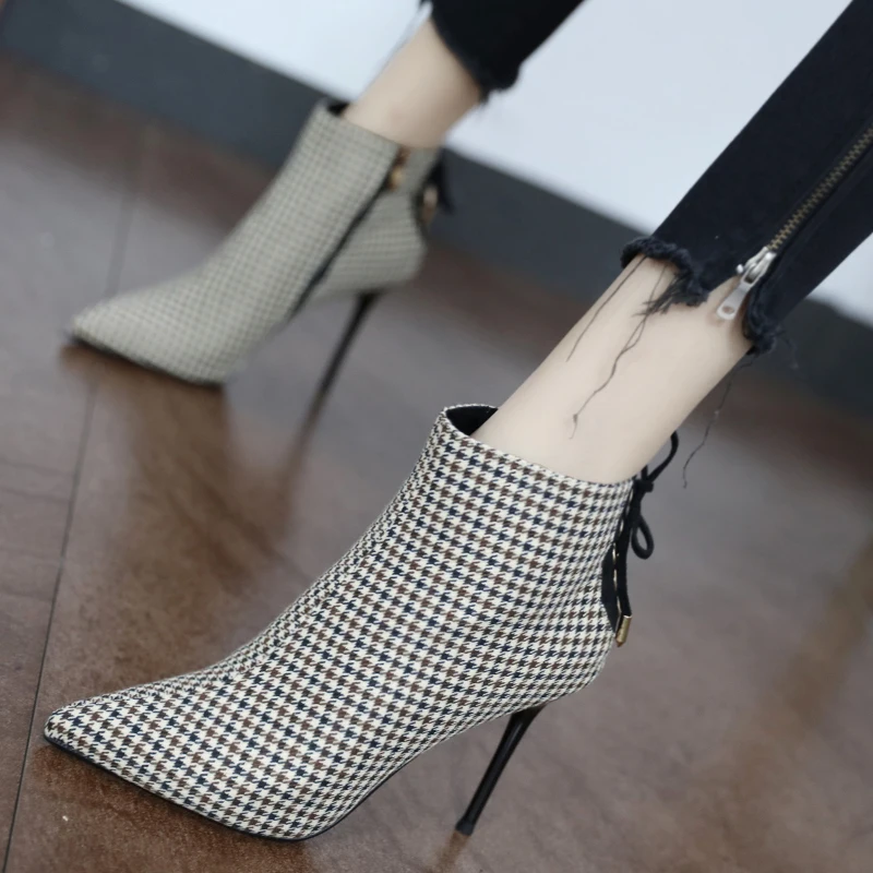 

New Checkered Women Pumps Pointed Toe Ankle Boots Ladies Winter Shoes Cross Band Thin Heels Stilettos High Heeled Shoes Zipper