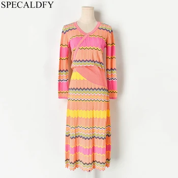 

2020 Autumn Winter Bohemian Wave Striped 2 Piece Set Women Long Sleeve Knitted Sweater Sets Runway Two Piece Suits holiday