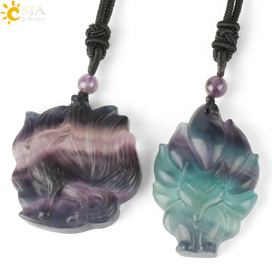 CSJA Natural Stone Fluorite Pendants& Necklaces Engraved Nine-tailed Fox Rose Flower Carved Reiki Lucky Pendant Women Men G286