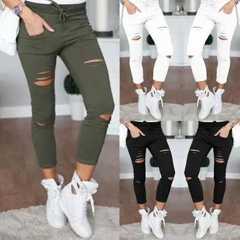 

Women Skinny Ripped Holes Jeans Pants High Waist Stretch Slim Pencil Trousers