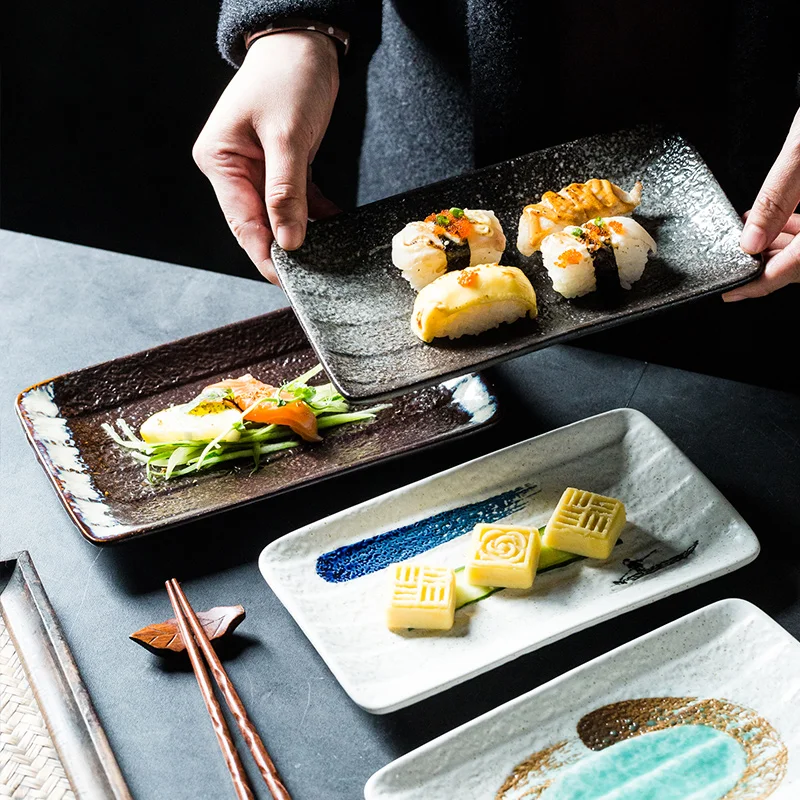

Japanese Creative Rectangular Plate Ceramic Simple Sushi Plate Grilled Wing Plate Breakfast Household Tableware Kitchen Supplies