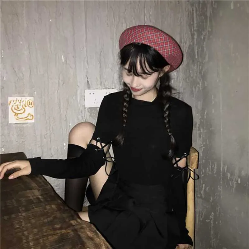 NiceMix черная уличная футболка с круглым вырезом и длинным рукавом, женские топы на шнуровке, Женская Корейская Футболка Harajuku, винтажная модная новинка