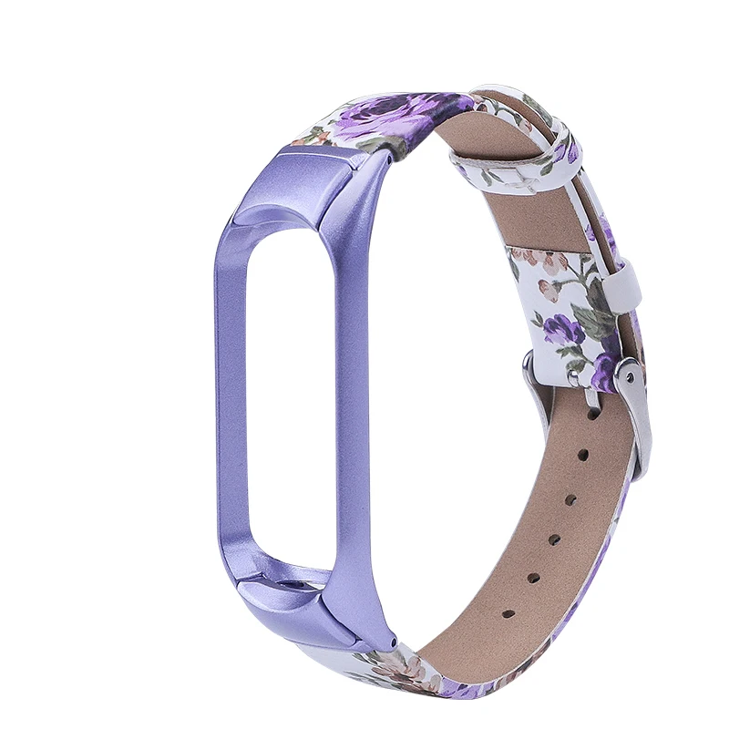 03 Ремешок из искусственной кожи для mi Band 4, 3, металлический ремешок с цветным цветком mi band 4, чехол из нержавеющей стали, сменные ремни для mi band 3, 4 - Цвет ремешка: 03