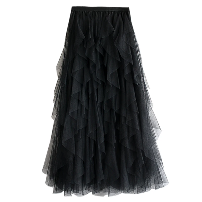 New Fashion Spring Personality Pleated Long Skirt High Waist Network Sand Black Skirts Womens ZA2416 - Цвет: Black skirt