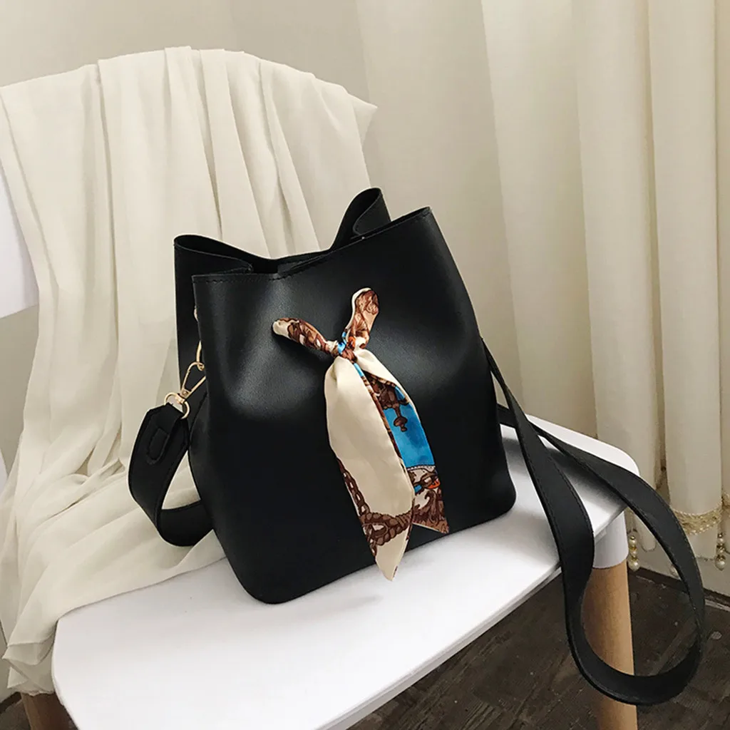 Women Scarf Drawstring Bucket Bag Bowknot Sweet Messenger Bag Ladies Casual Shoulder Bag PU Leather Crossbody Bags#T1G