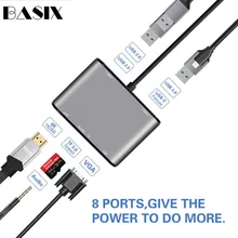 Концентратор Basix type C USB-C к адаптер HDMI VGA Thunderbolt 3 type-C PD TF 3,5 мм Слот для чтения USB3.0 концентратор для MacBookPro huawei P20 Pro