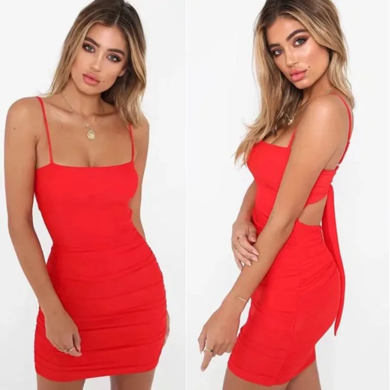 

Europe And America Sexy Backless Knot Tight-Fit Solid Color Dress Short Slim Fit Sheath Strapped Dress Women's J8608