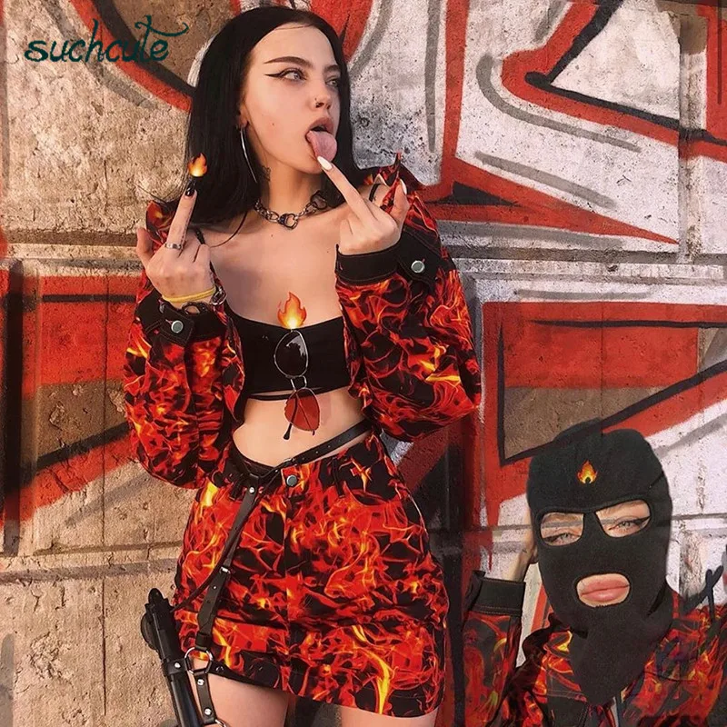 SUCHCUTE пламя огня печати женские юбки готика, Харадзюку уличная мини юбки трапециевидной формы в клетку осень вечерние Jupe Femme