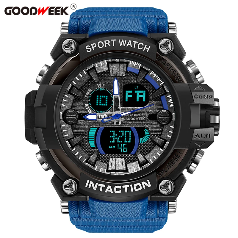 GOODWEEK Luxury Men Sport Watch Waterproof Digital Quartz Watches Men's Multi-functional Dual Display Watches Relogio Masculino