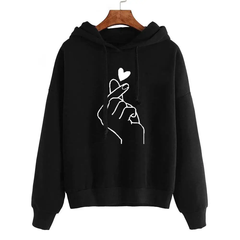 Женская зимняя Новинка с принтом Love Hand с капюшоном модная Свободная Толстовка милые толстовки - Цвет: Черный