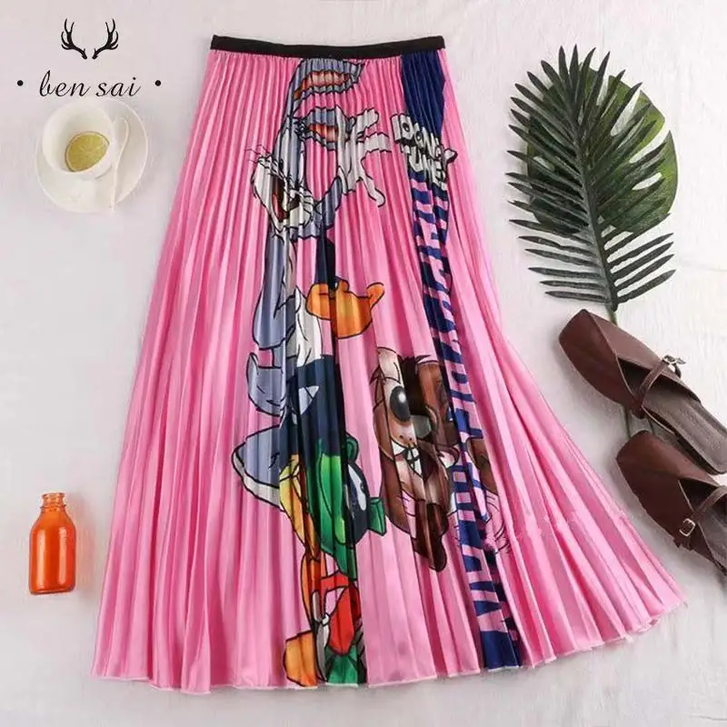 Women Summer Skirts Fashion Tide Print Cartoon Cute Pattern High Waist Women Skirt Pleated Holiday High Street Skirt New