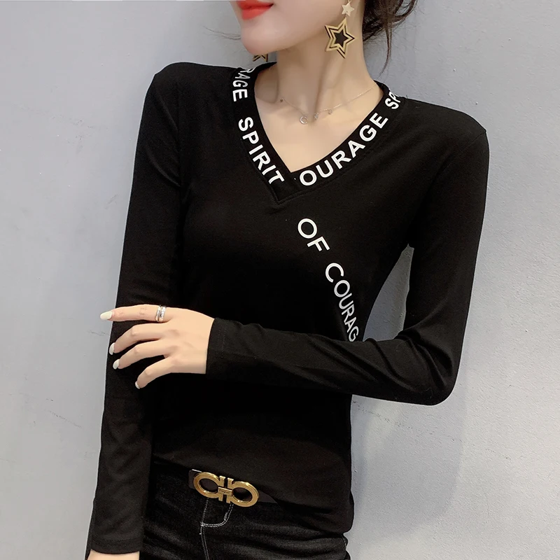 Black tshirt Европейская мода, Сексуальная футболка с v-образным вырезом и надписью,, Осень-зима, женские топы, Camiseta Mujer, джемпер, уличная одежда, футболки T9N710 - Цвет: Black tshirt