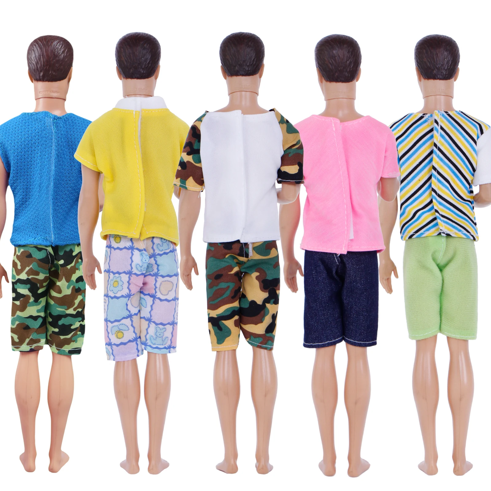 5 Pcs Men Outfits Mixed Style Stripe Camouflage T-Shirt Vest Plaid Shorts Pants Clothes for Barbie Doll for Ken Doll Accessories