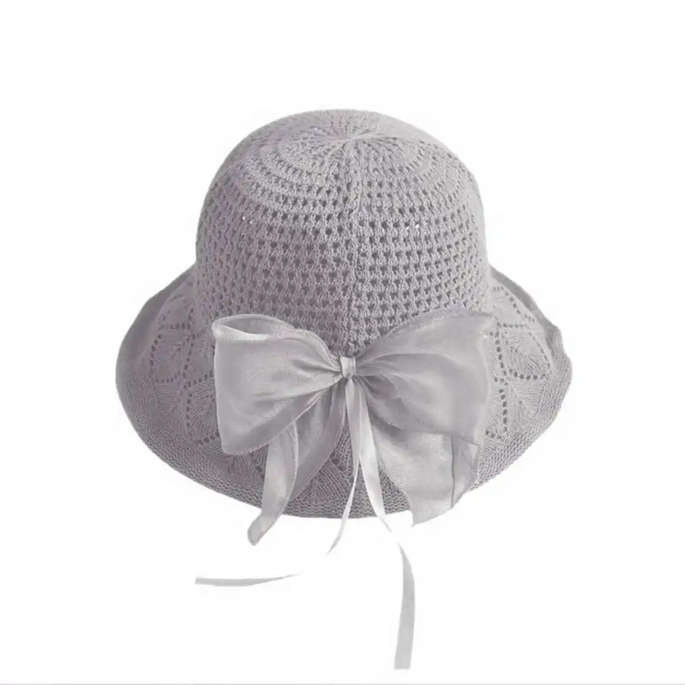Light grey Женские Полые шапки для рыбака, вязаные с бантиком, шляпа от солнца, сезон весна-лето, складная, праздничная, IK88 - Цвет: Light grey