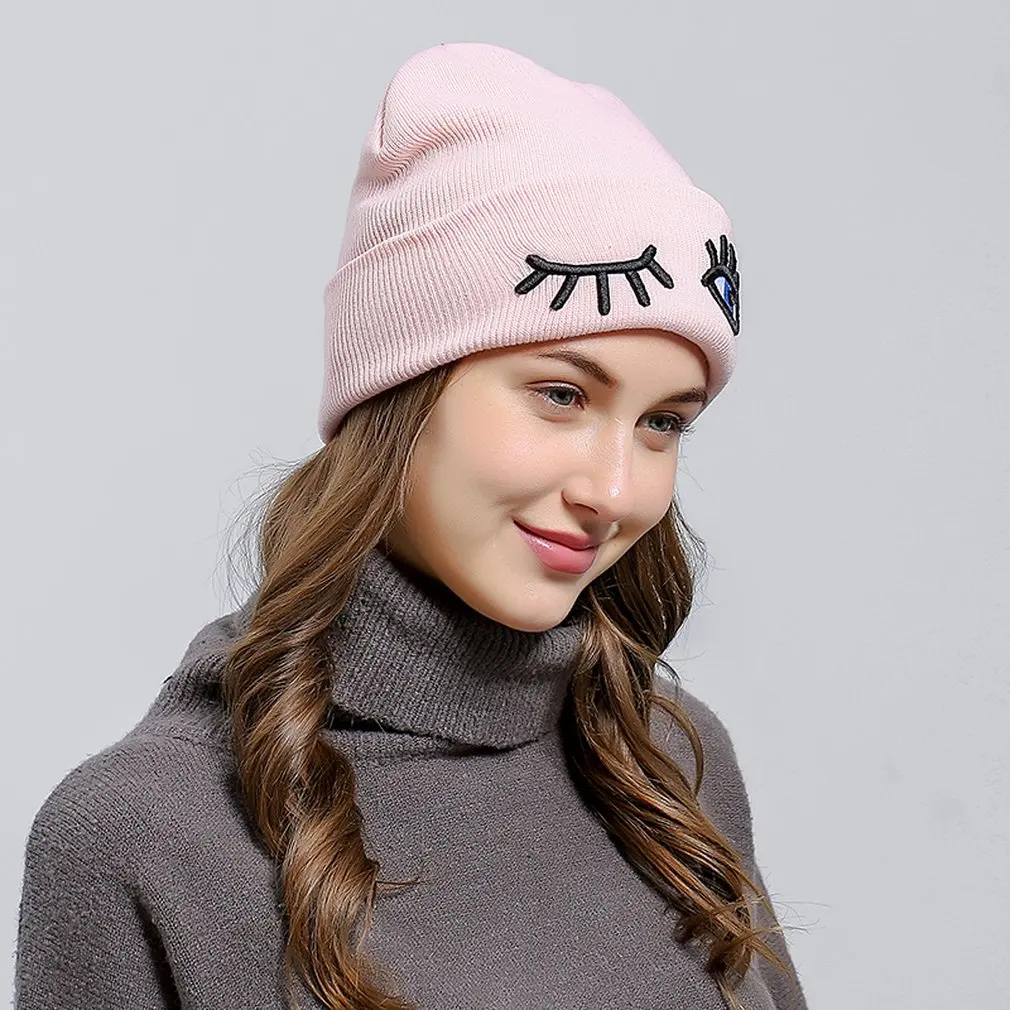 Модная осенне-зимняя женская шапка Skullies Beanies в стиле хип-хоп с забавными глазами, теплая Женская шапка с помпоном, мягкие женские вязаные шапки