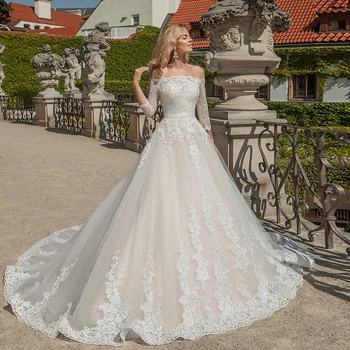

Princess A-line Wedding Dress Three Quarter Sleeve Brautkleid Boat Neck Lace Appliques Tulle Bridal Gowns China Bruidsjurken
