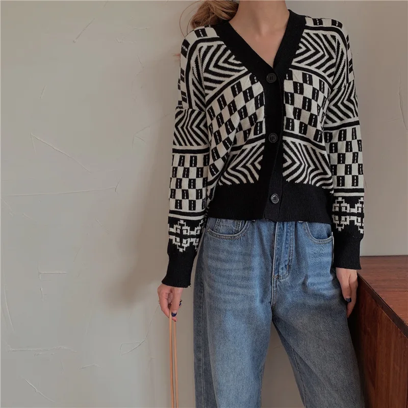Осенний женский укороченный вязаный кардиган на пуговицах с острым вырезом, свитер, лоскутные кардиганы, женский кардиган до талии с глубоким v-образным вырезом